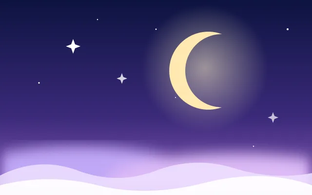 A crescent moon and stars over dreamy clouds